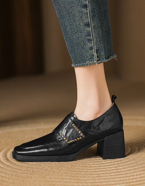 Load image into Gallery viewer, Women's British Style Square Toe Chunky Heel Pumps – Deep Vamp Studded
