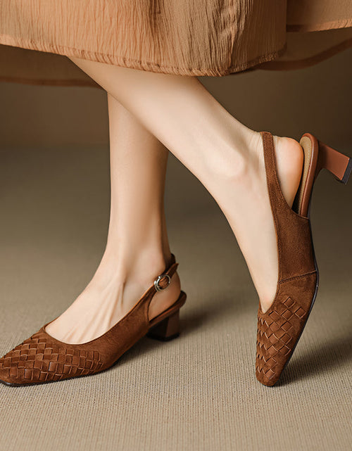 Load image into Gallery viewer, Women's Handmade Suede Woven Slingback Block Heel Sandals, Square-Toe Buckle Dress Shoes
