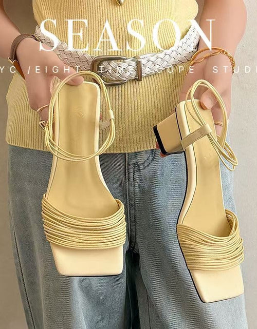 Load image into Gallery viewer, Women's Square-Toe Block Heel Sandals – Multi-Strap Ankle Wrap Mid-Heel Shoes with Pigskin Lining
