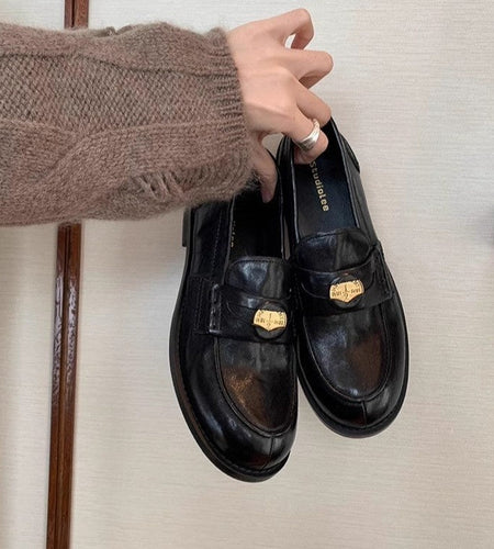 Women's Gold Coin Loafers – British-Style Round Toe Leather Slip-On Flats