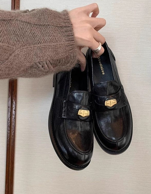 Load image into Gallery viewer, Women's Gold Coin Loafers – British-Style Round Toe Leather Slip-On Flats
