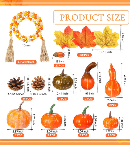 Jutom 148 PCS Fall Artificial Pumpkins Set with Pinecones Acorns Leaves