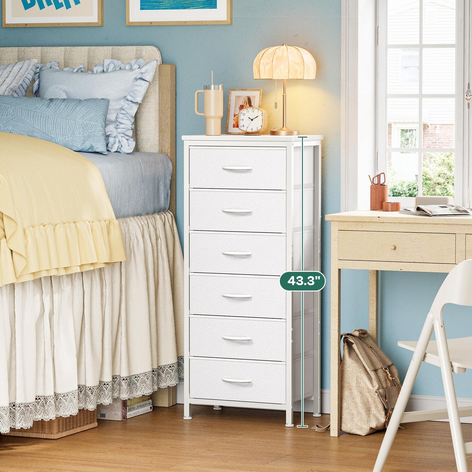 Huuger 43.3" 6 Drawer Fabric Dresser White Metal Frame Bedroom Storage