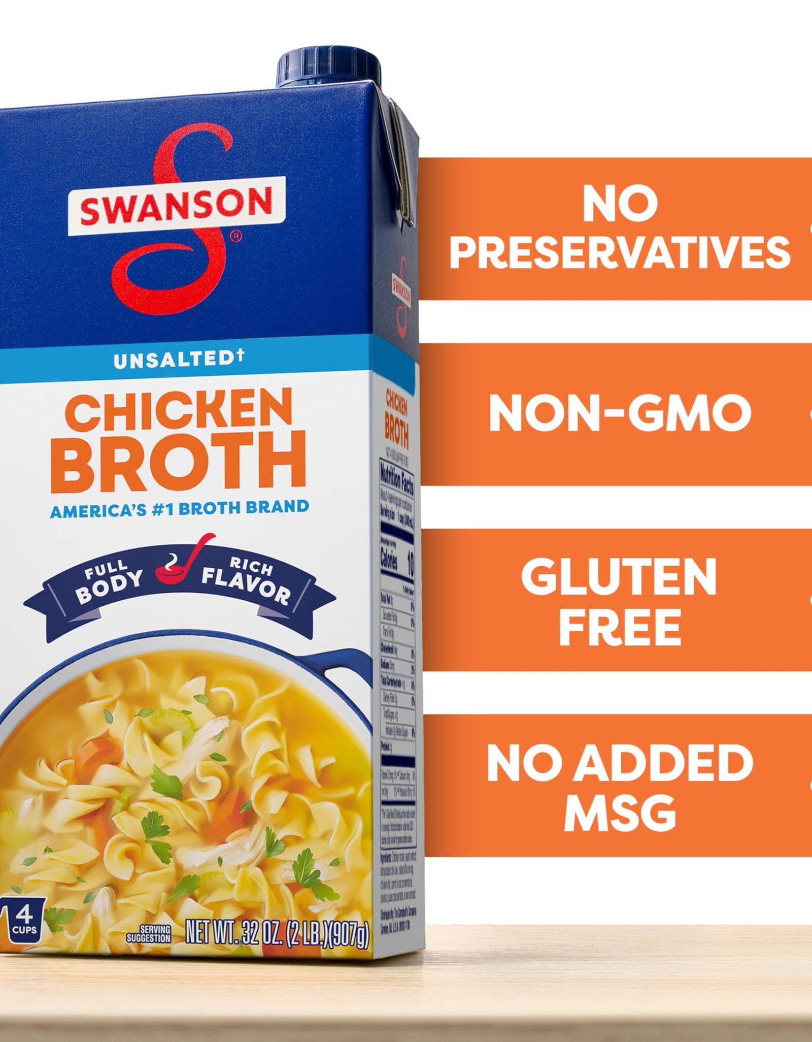 SWANSON Unsalted Chicken Broth 32 oz Carton Gluten Free 2 lbs