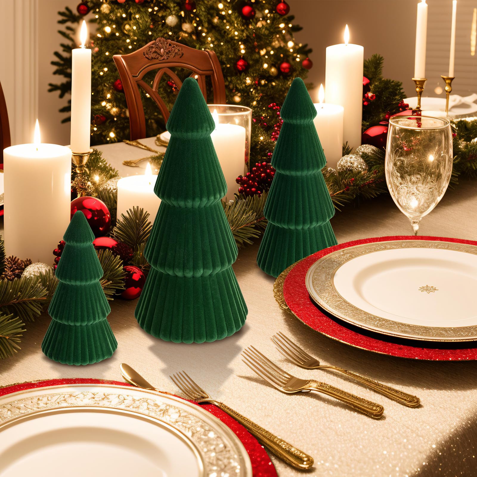 KEASKELL 3pc Dark Green Velvet Christmas Tree Decorations Set
