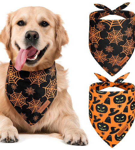 Awumbuk Halloween Dog Bandanas 2 Pack Reversible Pumpkin Spider Web Black