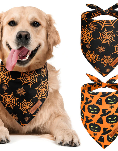 Load image into Gallery viewer, Awumbuk Halloween Dog Bandanas 2 Pack Reversible Pumpkin Spider Web Black
