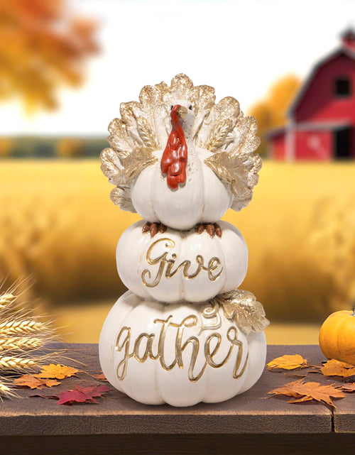 Load image into Gallery viewer, Hodao Thanksgiving Pumpkin Turkey Figurine 3 Stacked Pumpkins White Resin
