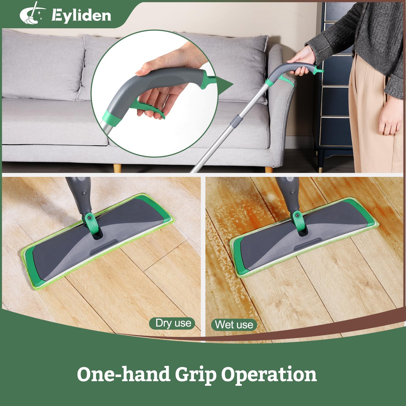 Eyliden Spray Mop Green+Grey with 40ml Bio-Enzyme Cleaner, 2 Microfiber Pads