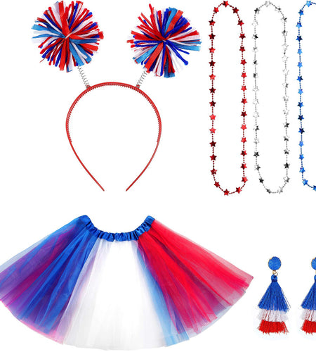 Hicarer 80s Women Tutu Set Pom Pom Headband Necklaces Earrings Red Blue White M