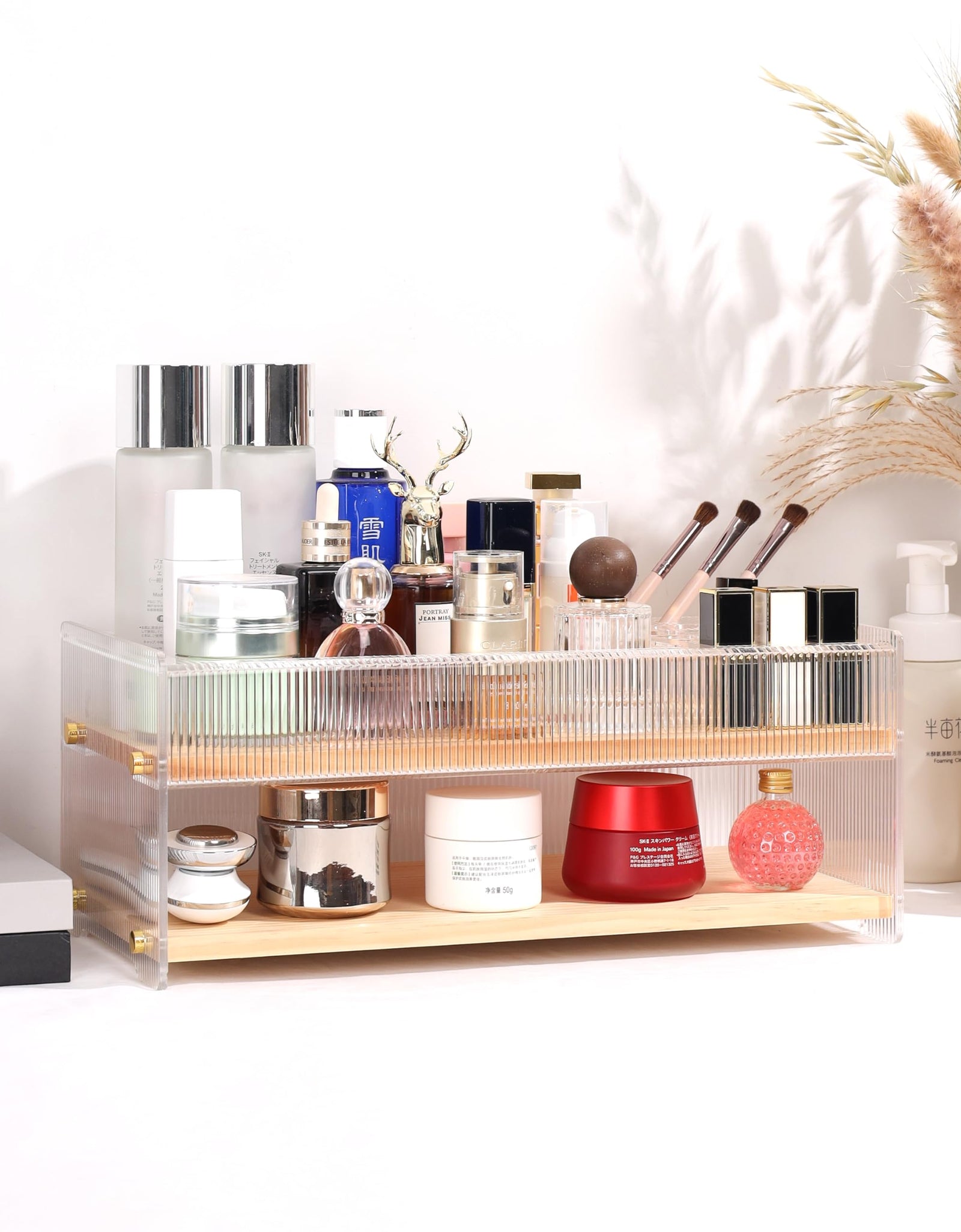 KAOTGOT Pine Wood Acrylic Makeup Organizer with Brush & Lipstick Holder