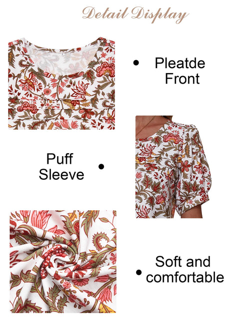 Load image into Gallery viewer, Uhiger Womens Summer Pleated Puff Sleeve Top Crewneck White Orange Flower Size S

