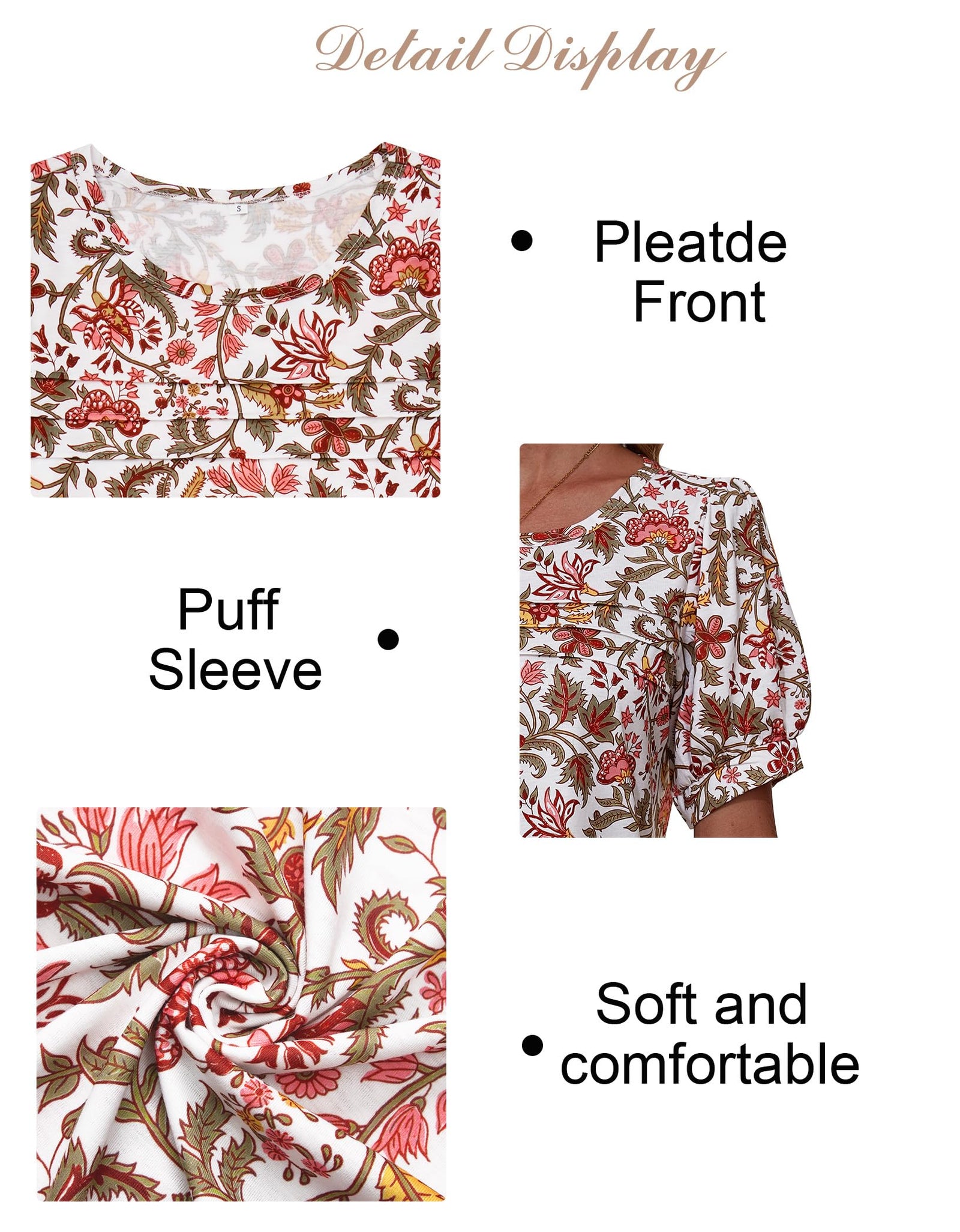 Uhiger Womens Summer Pleated Puff Sleeve Top Crewneck White Orange Flower Size S