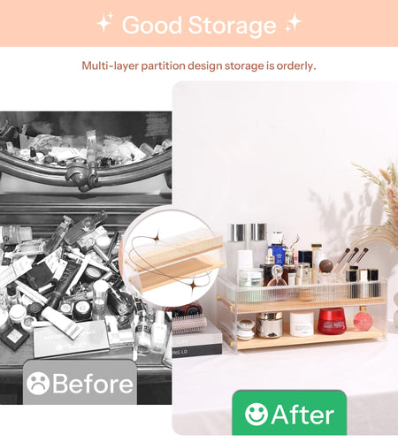 KAOTGOT Pine Wood Acrylic Makeup Organizer with Brush & Lipstick Holder
