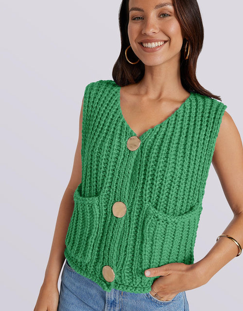 Load image into Gallery viewer, UEU Women's V Neck Crochet Sweater Vest Sleeveless Cardigan Green Size M
