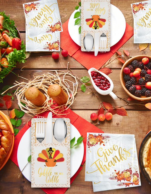 Load image into Gallery viewer, Qeqczow Thanksgiving Gold Foil Napkins &amp; Cutlery Holders Set 68 Pcs
