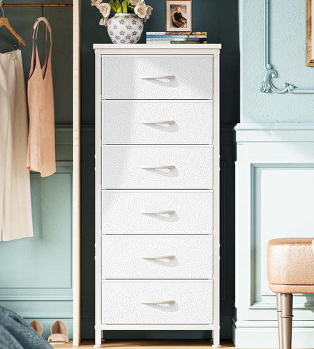 Huuger 43.3" 6 Drawer Fabric Dresser White Metal Frame Bedroom Storage