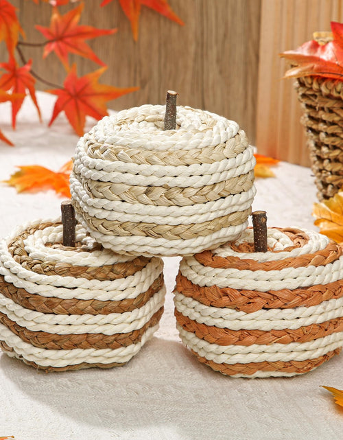 Load image into Gallery viewer, Hollyone Fall Pumpkin Decor 3 PCS Faux Rattan Pumpkins Small Orange Brown
