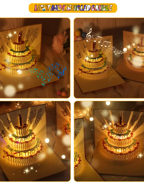 Load image into Gallery viewer, CANREVEL 3D PopUp LED Birthday Card Blowable Candle Music Black Gold
