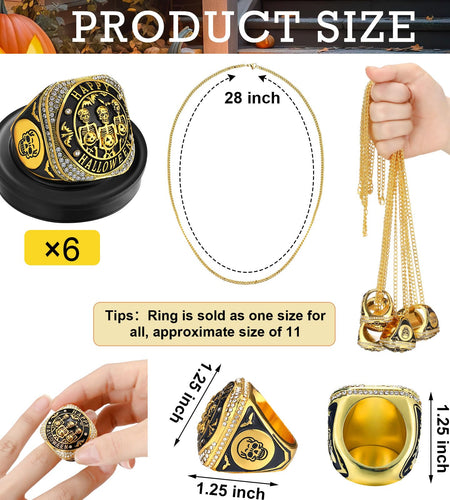 Highergo Halloween Skeleton Trophy Rings Set 6pcs with Neck Chain Stand