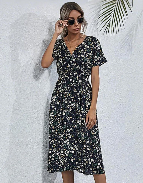 Load image into Gallery viewer, HEBELD Womens Midi Floral V Neck Wrap Dress Elastic Waist Black Size M
