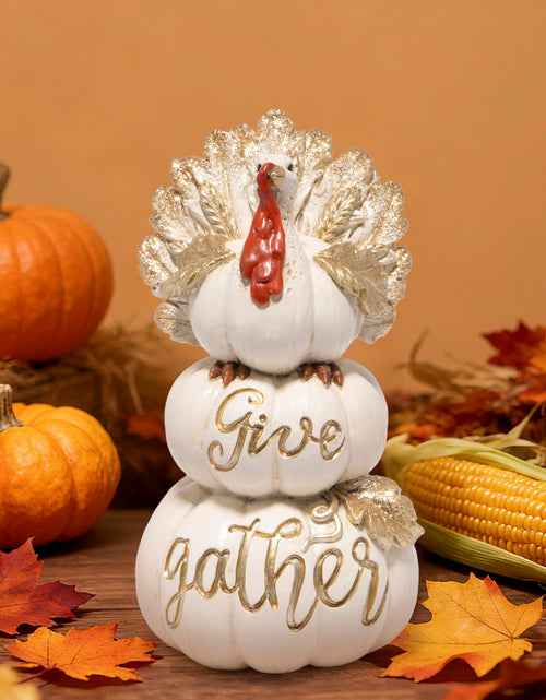 Load image into Gallery viewer, Hodao Thanksgiving Pumpkin Turkey Figurine 3 Stacked Pumpkins White Resin

