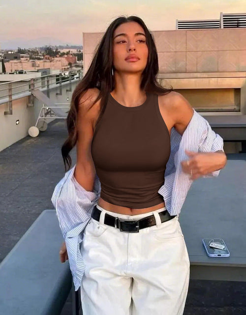 Load image into Gallery viewer, OLCHEE Womens 2PK High Neck Seamless Tank Tops White Brown Size L
