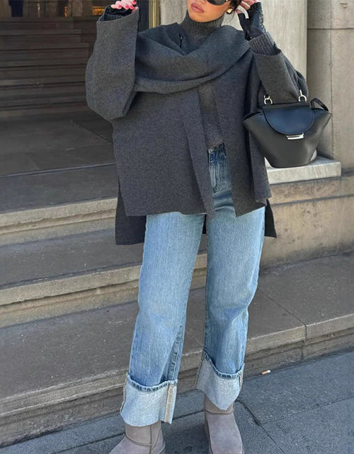 Load image into Gallery viewer, Asymmetric shawl scarf knitted sweater gray long sleeved cardigan
