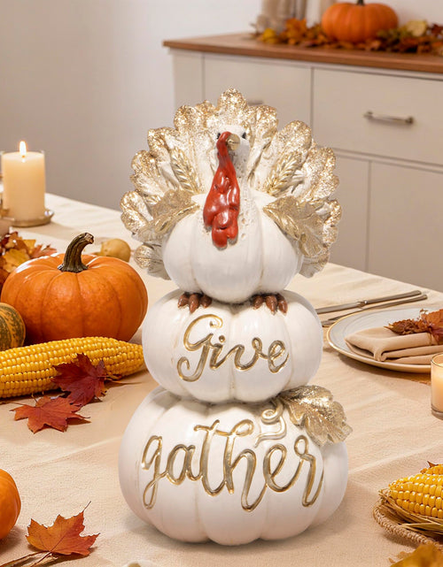 Load image into Gallery viewer, Hodao Thanksgiving Pumpkin Turkey Figurine 3 Stacked Pumpkins White Resin
