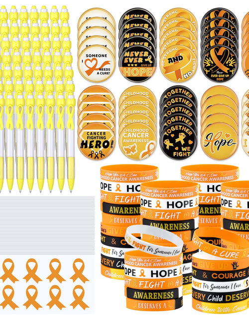 Load image into Gallery viewer, PullCrease Childhood Cancer Awareness Kit 400 Pcs Gold Ribbon Pens Bracelets
