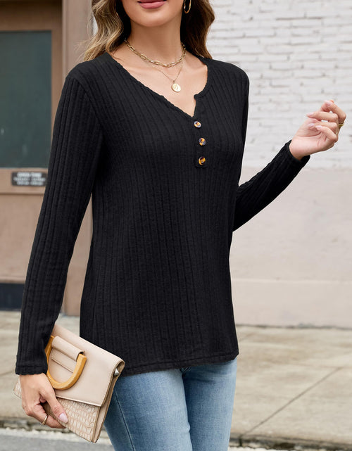 Load image into Gallery viewer, Edelqual Womens Long Sleeve Henley V Neck Sweater Black Size M
