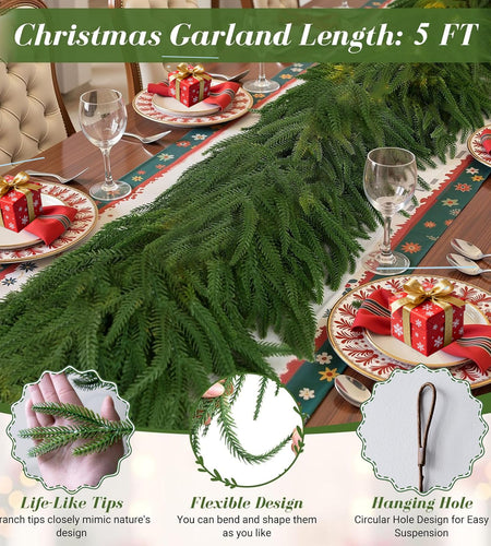 KYGDS Christmas Norfolk Pine Garland 5FT Real Touch Artificial Greenery Green