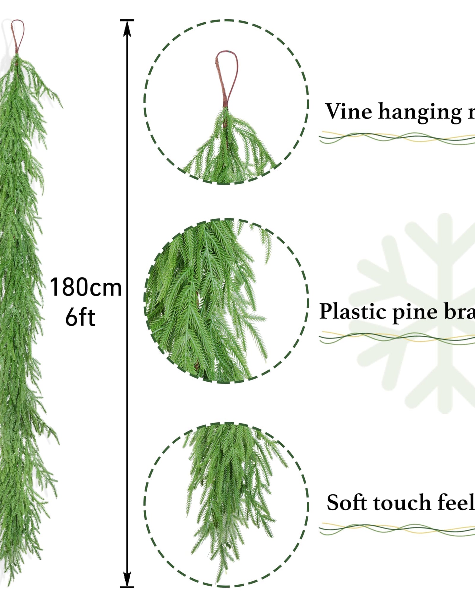 XmasExp Norfolk Pine Garland 6FT Realistic Artificial Christmas Green