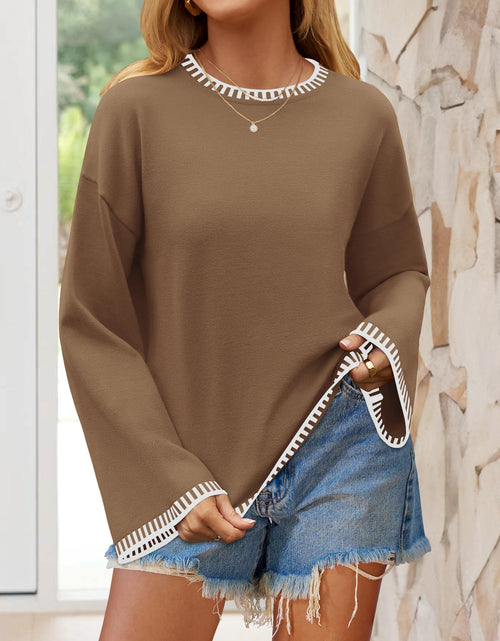 Load image into Gallery viewer, ZESICA Women's Oversized Ribbed Knit Sweater Crewneck Brown Size S
