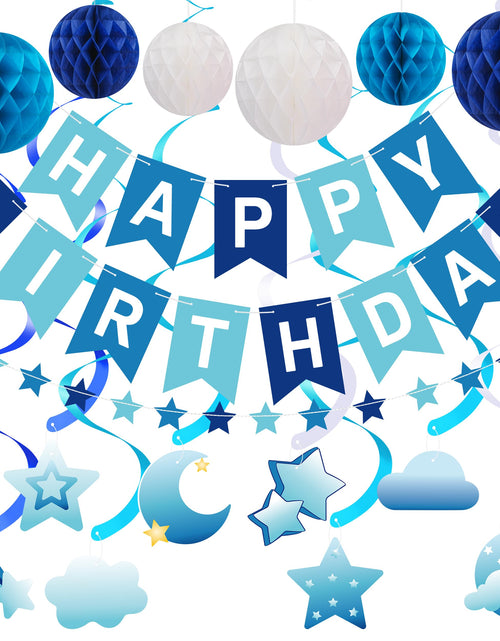 Load image into Gallery viewer, Crosize Blue Birthday Decorations Kit Pre-Strung Banner Tissue Poms Star Garland
