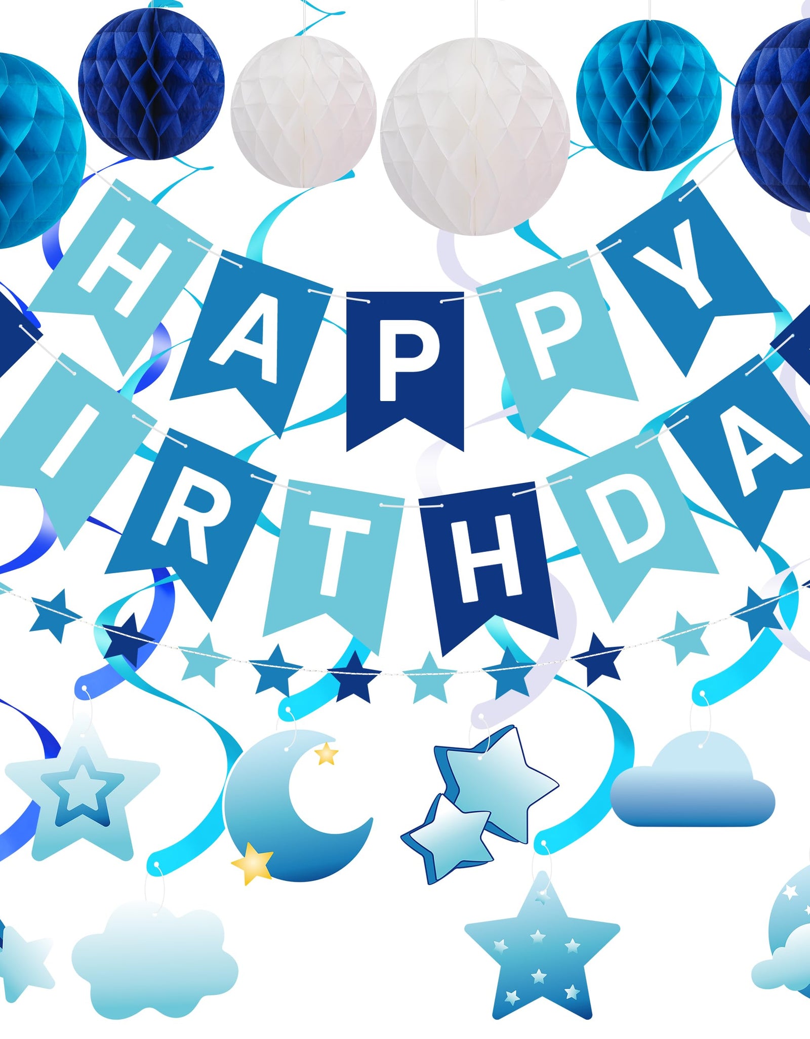 Crosize Blue Birthday Decorations Kit Pre-Strung Banner Tissue Poms Star Garland