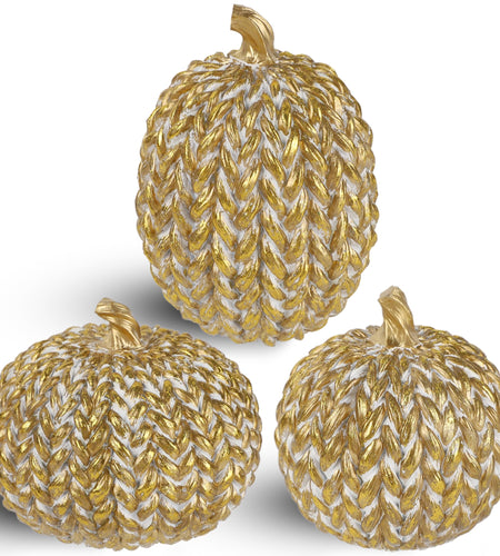 winemana Fall Decorations Set of 3 Gold White Resin Pumpkins Woven Design