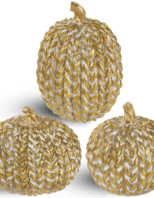 Load image into Gallery viewer, winemana Fall Decorations Set of 3 Gold White Resin Pumpkins Woven Design
