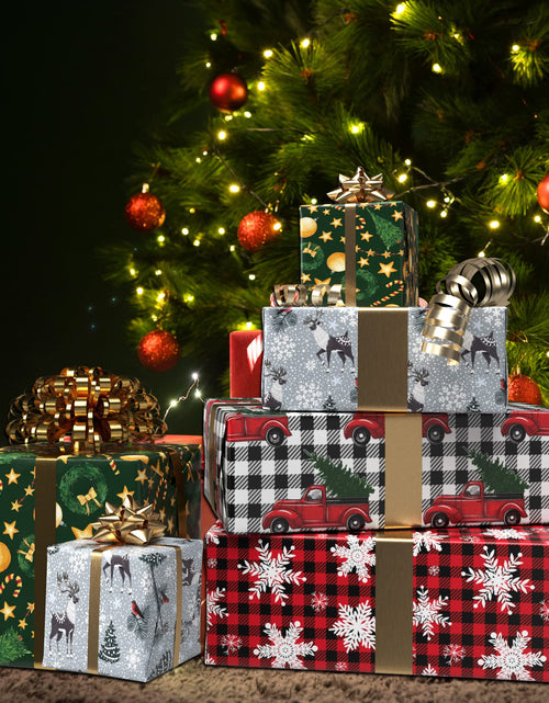 Load image into Gallery viewer, GIOLNIAY Christmas Wrapping Paper Snowflakes Red Black Plaid 28x40 4 Sheets
