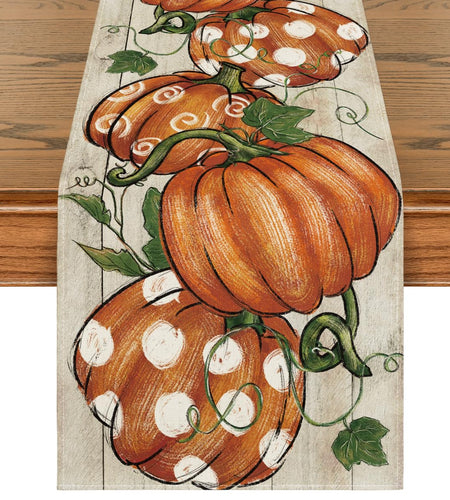 Artoid Mode Polka Dot Pumpkins Vine Wood Fall Table Runner 13x36 Inch