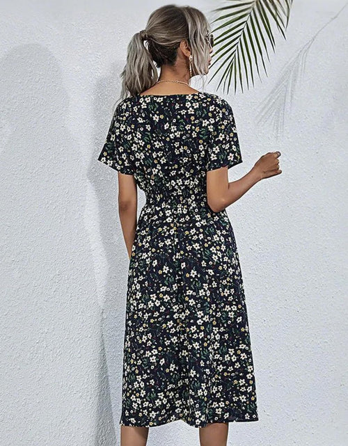 Load image into Gallery viewer, HEBELD Womens Midi Floral V Neck Wrap Dress Elastic Waist Black Size M
