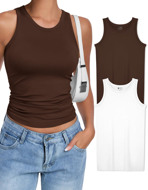 Load image into Gallery viewer, OLCHEE Womens 2PK High Neck Seamless Tank Tops White Brown Size L
