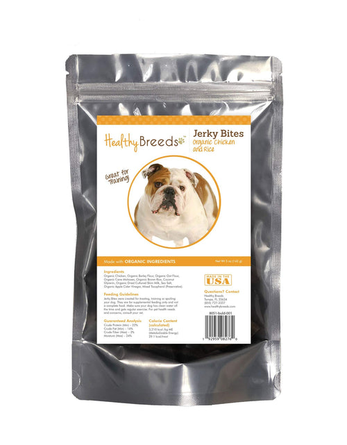 Load image into Gallery viewer, Healthy Breeds Bulldog Jerky Bites Chicken &amp; Rice Recipe Dog Treats 5 oz
