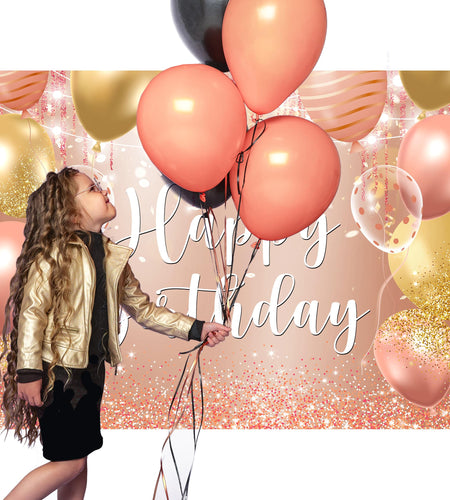 Riyidecor Happy Birthday Backdrop Champagne Pink Gold Balloons 7x5ft Polyester