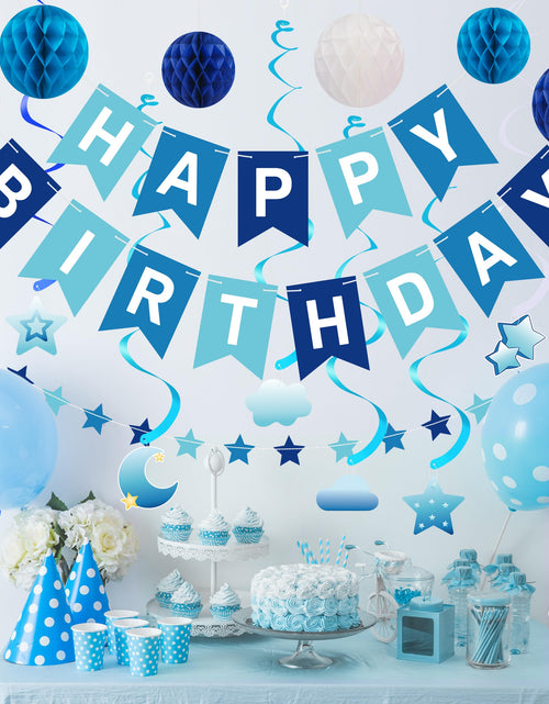 Load image into Gallery viewer, Crosize Blue Birthday Decorations Kit Pre-Strung Banner Tissue Poms Star Garland
