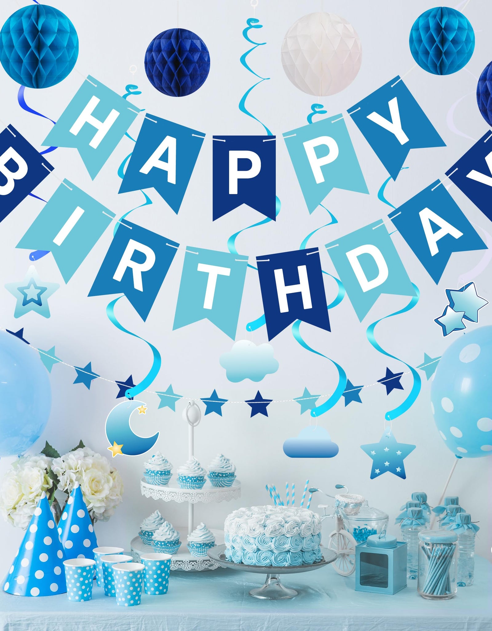 Crosize Blue Birthday Decorations Kit Pre-Strung Banner Tissue Poms Star Garland