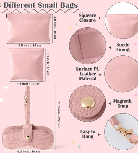 GQIRIL Mini Travel Cosmetic Bag Set 3PCS Waterproof Leather Pink