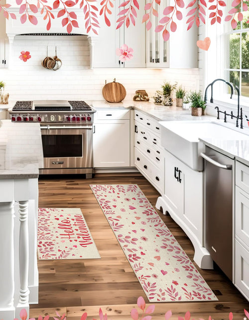Load image into Gallery viewer, Pickmesh Valentine Kitchen Mats 2 Pc Non-Slip Love Heart Pink 17x29 &amp; 17x47
