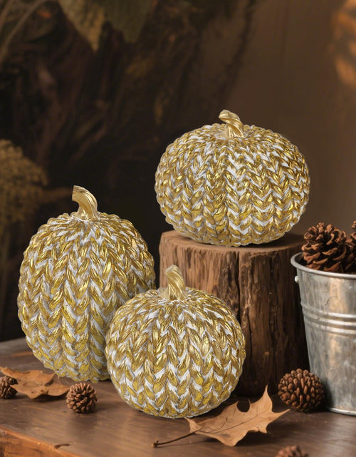 Load image into Gallery viewer, winemana Fall Decorations Set of 3 Gold White Resin Pumpkins Woven Design
