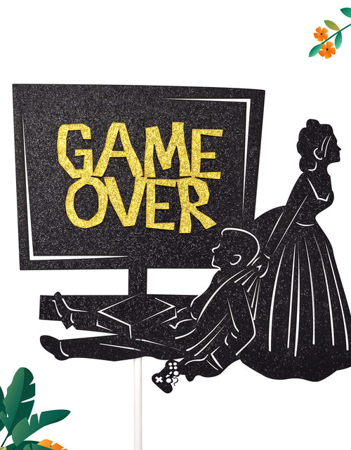 Load image into Gallery viewer, Little Man Game Over Wedding Cake Topper Double-sided Black Glitter 5.5x4.5in

